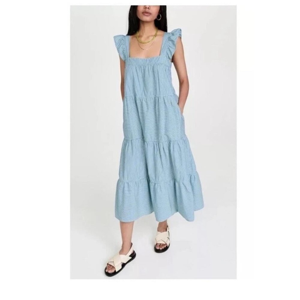 Nation LTD Los Angeles Camille Blue Striped Sundress M Flutter Sleeve Midi Dress - Picture 2 of 14